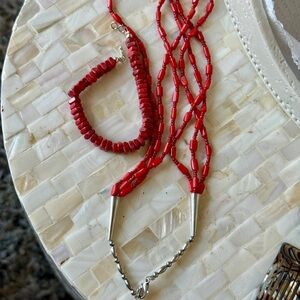 Red coral hand Beaded Navajo Necklace and Bracelet Set